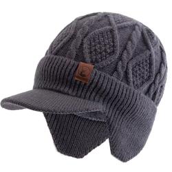 Bonnet d'Hiver Unisexe Chaud Doux avec Oreillettes + Visière Tricot Épais Doublé Gris