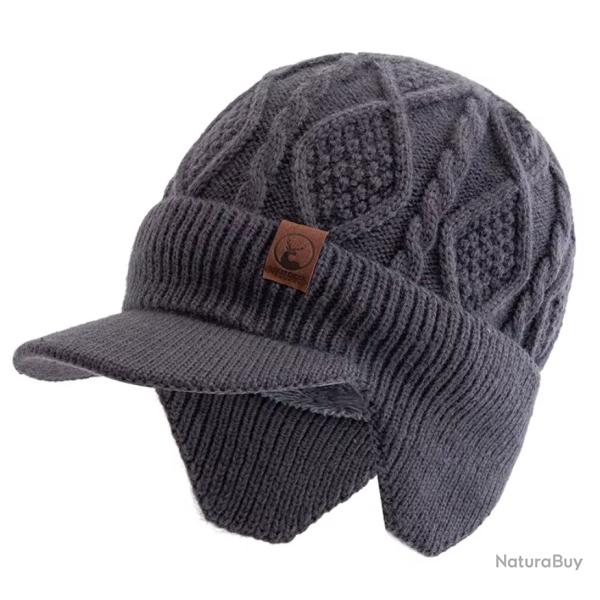 Bonnet d'Hiver Unisexe Chaud Doux avec Oreillettes + Visire Tricot pais Doubl Gris