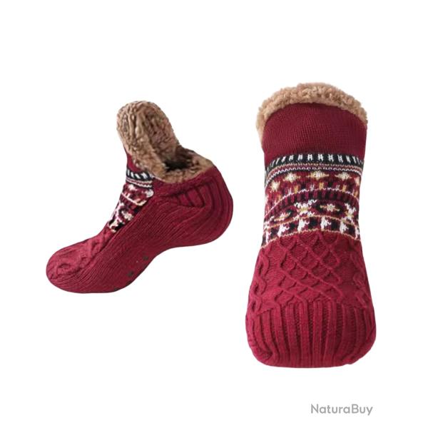 Chaussettes Chaussons thermiques d'intrieur antidrapantes doubles polaire rouge 35-39 (24cm)