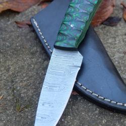 Skinner Couteau de Chasse Damas Lame 256 Couches Manche Bois Black/Green 3D Fabr Artisanat Etui Cuir