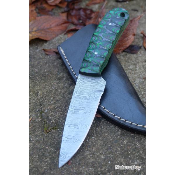 Skinner Couteau de Chasse Damas Lame 256 Couches Manche Bois Black/Green 3D Fabr Artisanat Etui Cuir
