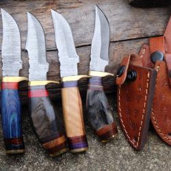 LOT DE 4 Couteau Skinner Damas Lame 256 Couches Manche Bois/Corne de Bélier Fab Artisanale Etui Cuir