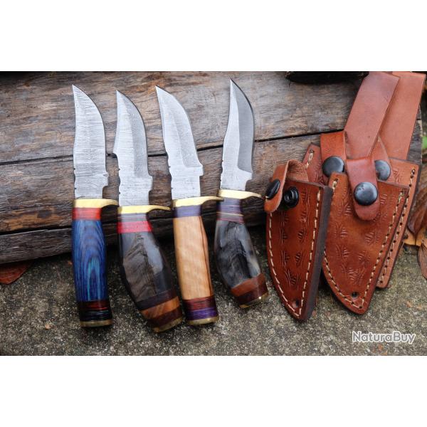 LOT DE 4 Couteau Skinner Damas Lame 256 Couches Manche Bois/Corne de B�lier Fab Artisanale Etui Cuir