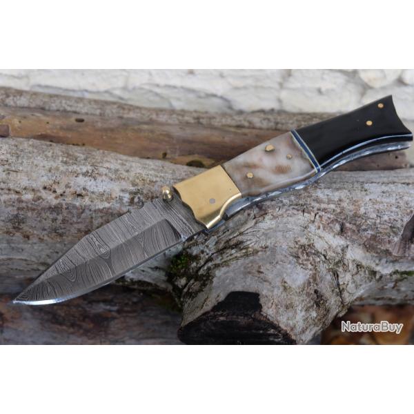 Beau Couteau Lame 128 Couches Acier Damas Manche Poisson Blier & Rsine Fab Artisanale Linerlock