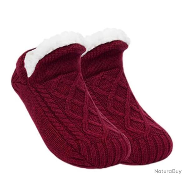 Chaussettes thermiques paisses unisexes - Pantoufles chaudes et antidrapantes Rouge 35-39 (24cm)