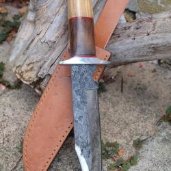 Poignard Bowie Couteau Chasseur Ours Lame Acier Carbone 1075 Manche 2 Bois Etui Cuir Fab Artisanat