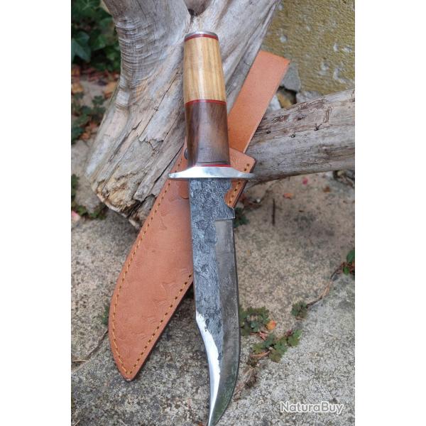 Poignard Bowie Couteau Chasseur Ours Lame Acier Carbone 1075 Manche 2 Bois Etui Cuir Fab Artisanat
