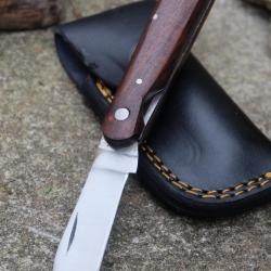 Couteau de Grand Père London Lame Acier Inox Manche Bois Fabric Artisanale Linerlock Etui CUir