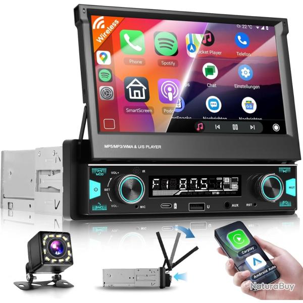 Autoradio 1 DIN Carplay Android Auto sans Fil avec �cran 7 Pouces Extensible manuellement,Radio 1 DI