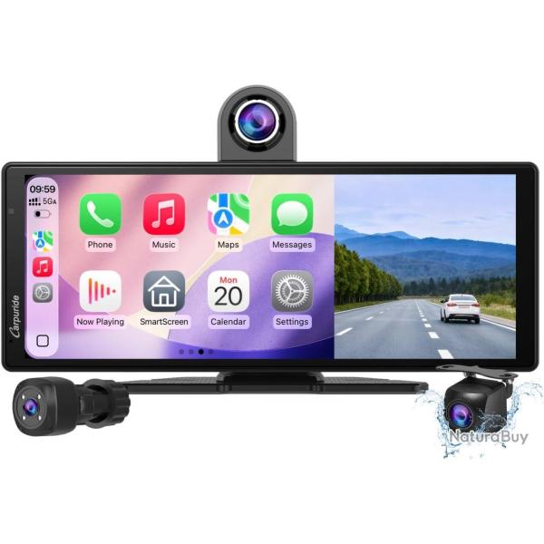 �cran sans Fil CARPURIDE W903S2 9,3 Pouces HD Compatible CarPlay et Android Auto, Avant 4K + Arri�re