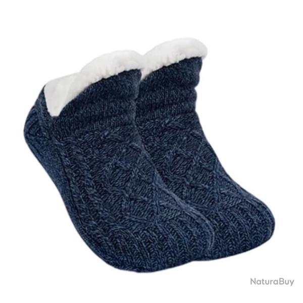 Chaussettes thermiques paisses unisexes - Pantoufles chaudes et antidrapantes Bleu 43-45 (28cm)