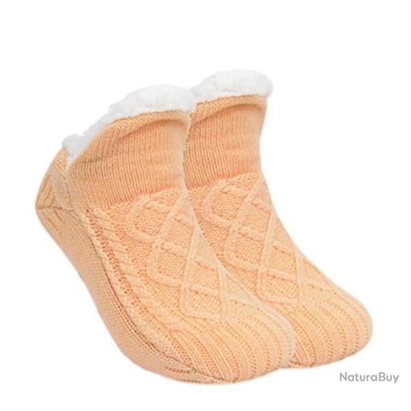 Chaussettes thermiques paisses unisexes - Pantoufles chaudes et antidrapantes Abricot 40-42 (26cm)