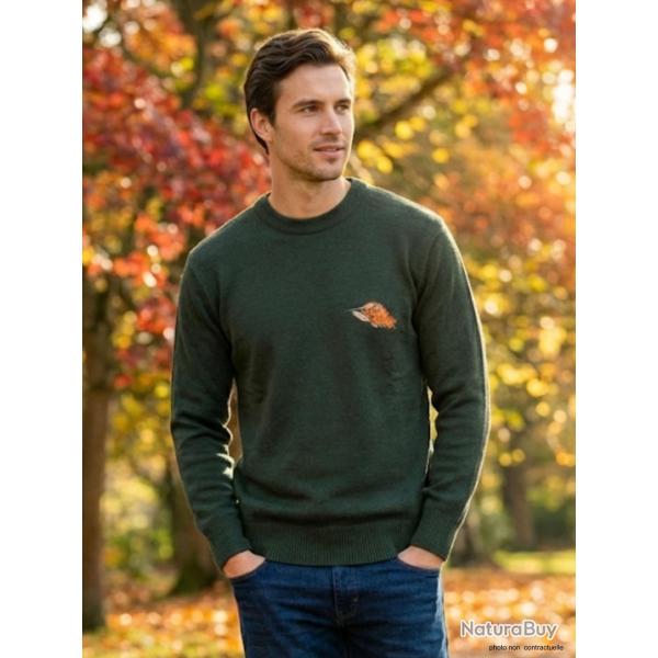 Pull Ras du Cou Homme Ledertys Kaki avec Broderie B�casse