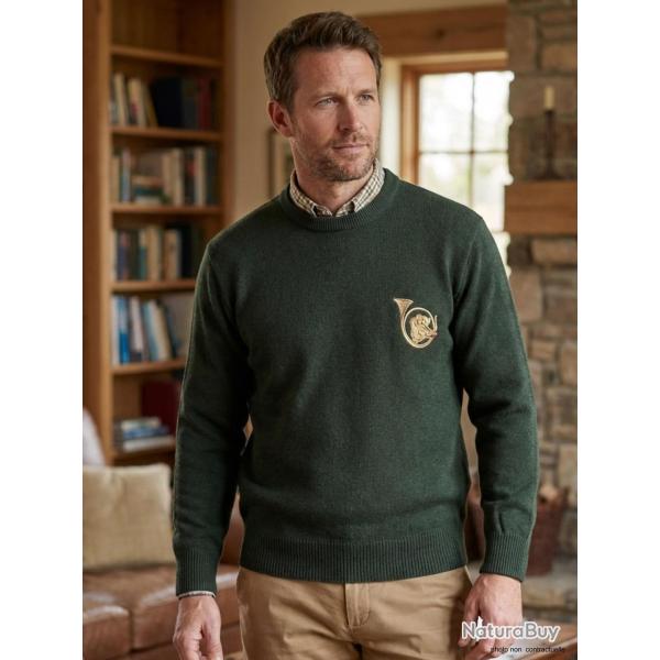 Pull Ras du Cou Homme Ledertys Kaki avec Broderie Sanglier XL
