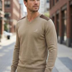 Pull Col V Homme Winchester Panel1 Beige avec Renforts Su&eacute;dine