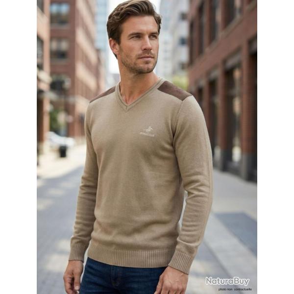 Pull Col V Homme Winchester Panel1 Beige avec Renforts Su�dine