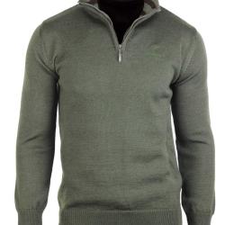 Pull Camionneur Homme Coton Zipp&eacute; Olive Choco
