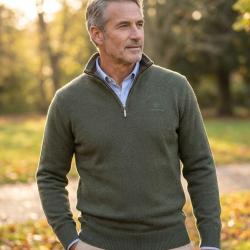Pull Camionneur Homme Coton Zipp&eacute; Olive Choco