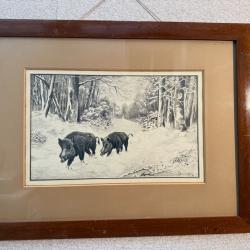 GRAVURE DE SANGLIERS EN FORET - BOULET - 1925 - CHASSE