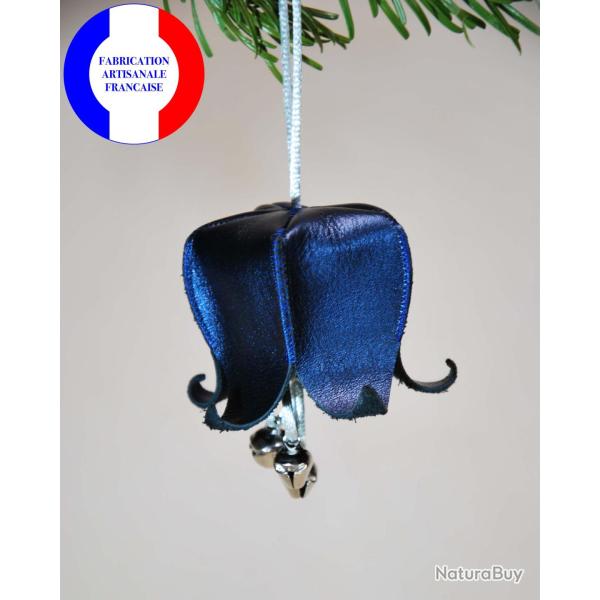Fleur Campanule musicale de No�l en cuir et ses clochettes pour le sapin bleu nuit