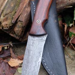 Skinner Couteau de Chasse Damas Lame 256 Couches Manche Bois Mosaic Pins Fabr Artisanat Etui Cuir