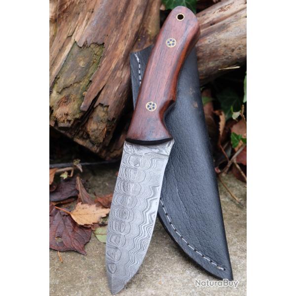 Skinner Couteau de Chasse Damas Lame 256 Couches Manche Bois Mosaic Pins Fabr Artisanat Etui Cuir