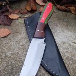 Poignard Couteau de Chasse Lame Acier Carbone 1055 Manche 2 Bois Etui Cuir Fabric Artisananale