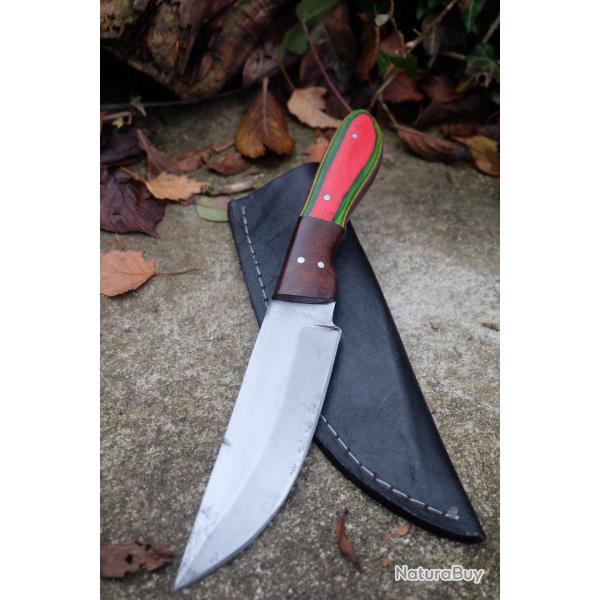 Poignard Couteau de Chasse Lame Acier Carbone 1055 Manche 2 Bois Etui Cuir Fabric Artisananale
