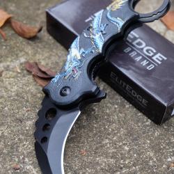 Couteau Elite Edge Dragon Purple Karambit Linerlock A/O Lame Acier Inox Manche Nylon