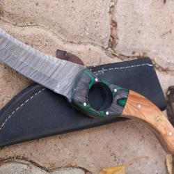 Couteau De Cuisine & Rando Lame Acier Damas 256 Couches Façon Huusk Manche 2 Bois Etui Artisanale