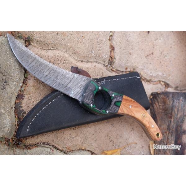 Couteau De Cuisine & Rando Lame Acier Damas 256 Couches Faon Huusk Manche 2 Bois Etui Artisanale