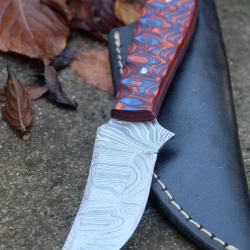 Skinner Couteau de Chasse Damas Lame 256 Couches Manche Bois Black/Red 3D Fab Artisanale Etui Cuir