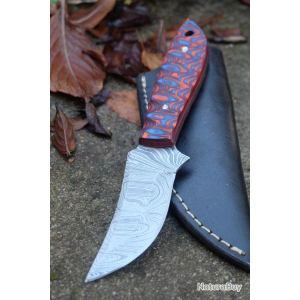 Skinner Couteau de Chasse Damas Lame 256 Couches Manche Bois Black/Red 3D Fab Artisanale Etui Cuir