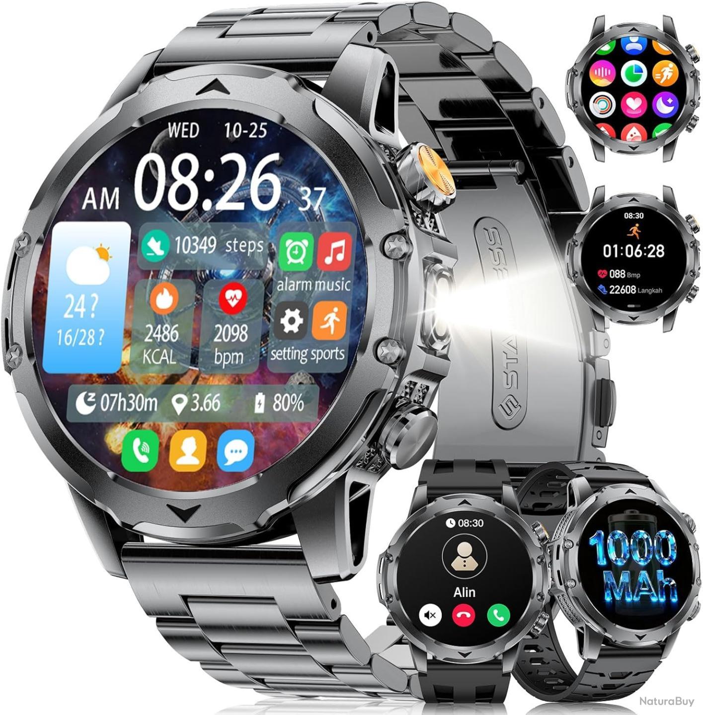 Montre Connectée Homme - Écran 1,52" Always-On - Bluetooth, Appels, GPS, Boussole, Étanche - Bracelet Cuir Noir