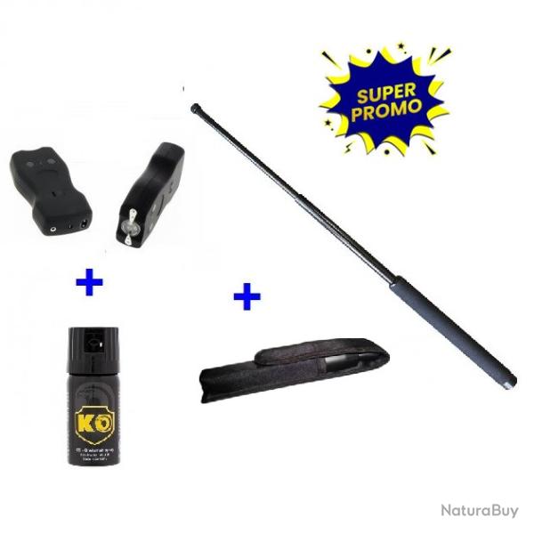 SHOCKER LECTRIQUE 102B + MATRAQUE TELESCOPIQUE 53 CM+ SPRAY DE DFENSE ANTI AGRESSION KO 40 ML