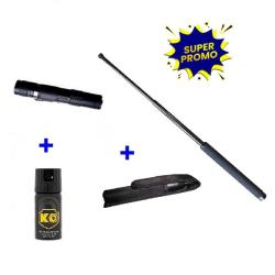 DEFENSE ÉLECTRIQUE LAMPE M 11 + MATRAQUE TELESCOPIQUE 53 CM+ BOMBE LACRYMOGENE ANTI AGRESSION KO 40
