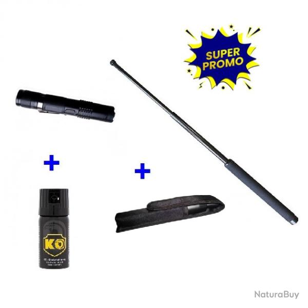 DEFENSE LECTRIQUE LAMPE M 11 + MATRAQUE TELESCOPIQUE 53 CM+ BOMBE LACRYMOGENE ANTI AGRESSION KO 40