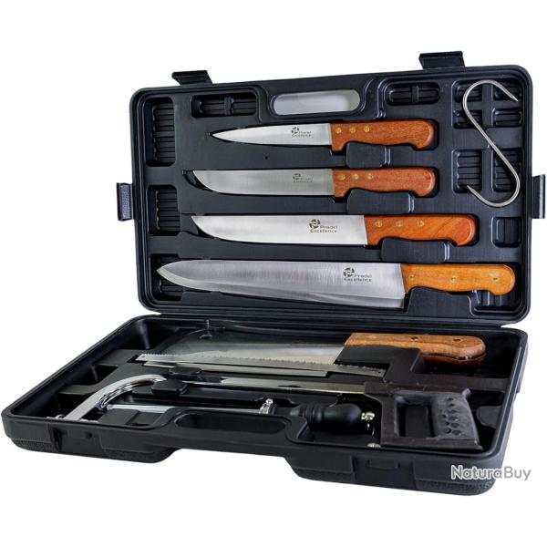 Mallette Coutellerie  Chasseur 5 Couteaux +1 Fusil d'Afftage +1 Scie Acier Inoxydable Manches Bois