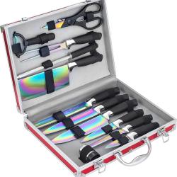 Couteau de Boucher Mallette 12 Pièces Revêtement Titane Découpe de Gibier Cuisine Acier Inox Valise