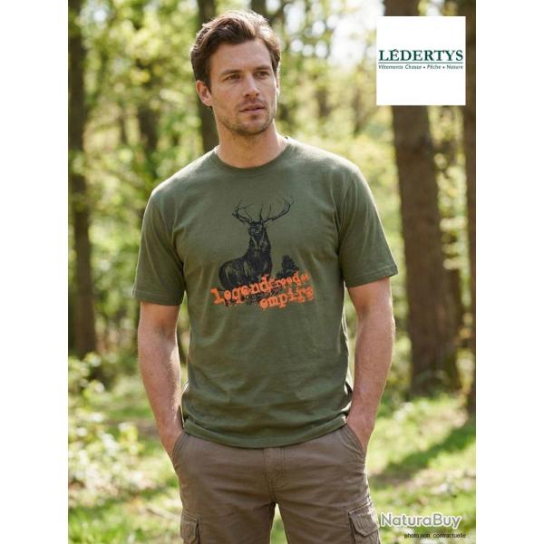 Tee shirt Chasse Homme Ledertys LY0599K Kaki avec Motif Cerf