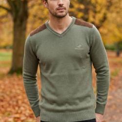 Pull Col V Homme Winchester Panel2 Vert Marine avec Renforts Su&eacute;dine