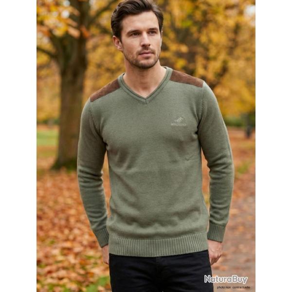 Pull Col V Homme Winchester Panel2 Vert Marine avec Renforts Su�dine