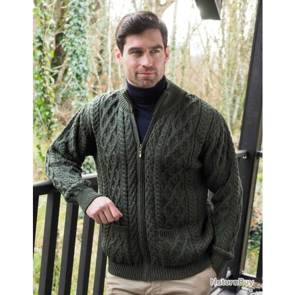 Gilet homme chaud grosses mailles zip pour en pure laine m�rinos gris  vert kaki L (large)