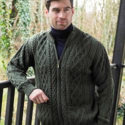 Gilet homme chaud grosses mailles zip pour en pure laine m&eacute;rinos gris vert kaki XL (extra large)