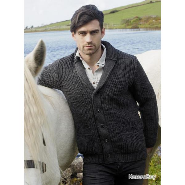Gilet homme col ch�le c�tel� avec poches en pure laine m�rinos L (large) gris anthracite