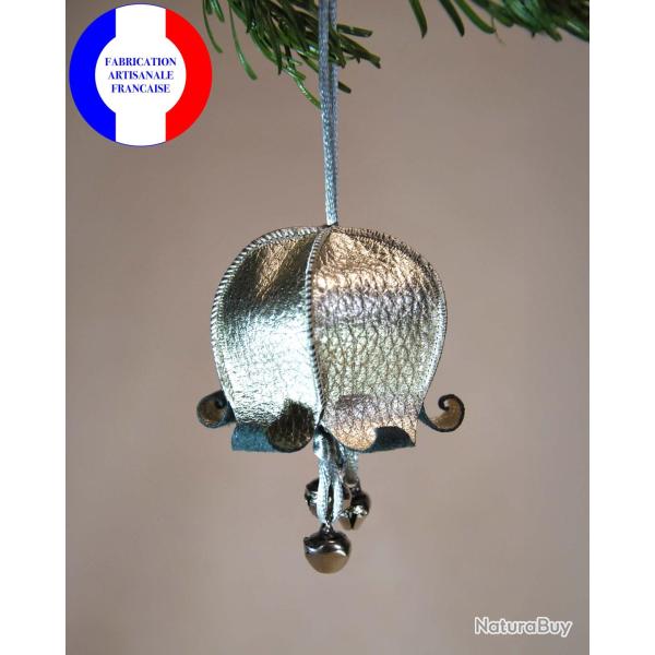 Clochettes musicales de No�l en cuir et ses jingle bells pour le sapin gris argent