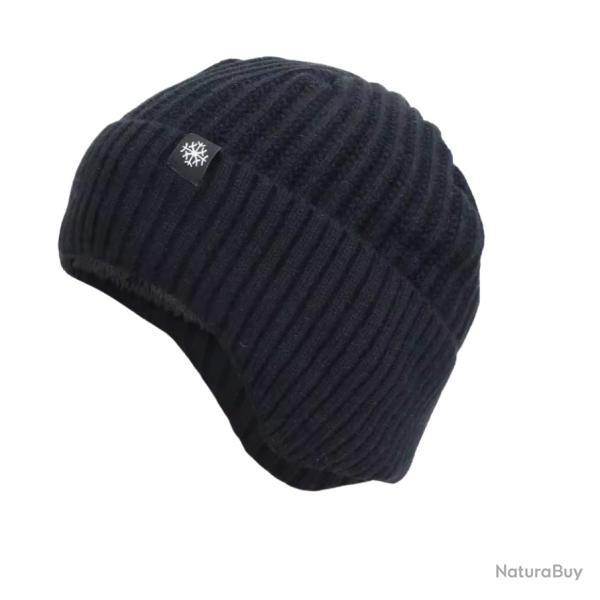 Bonnet Hiver Homme Tricot Doubl Fausse Fourrure Ultra Chaud Anti-Froid, Cache-Oreilles Noir