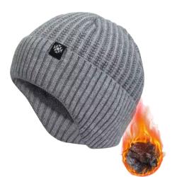 Bonnet Hiver Homme Tricoté Doublé Fausse Fourrure Ultra Chaud Anti-Froid, Cache-Oreilles Gris