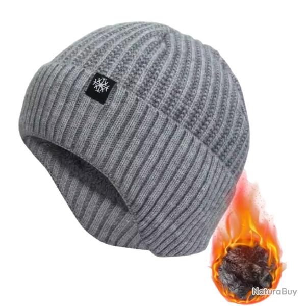 Bonnet Hiver Homme Tricot Doubl Fausse Fourrure Ultra Chaud Anti-Froid, Cache-Oreilles Gris