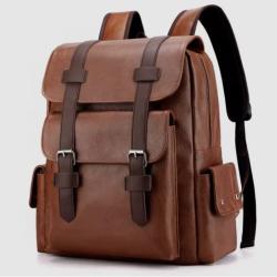 Sac à dos homme cuir PU imperméable 14 pouces - Élégant, grande capacité, travail voyage Marron